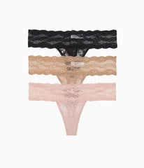 Lace Kiss Thong Panty Pack: Rose Smoke/Au Natural/Night